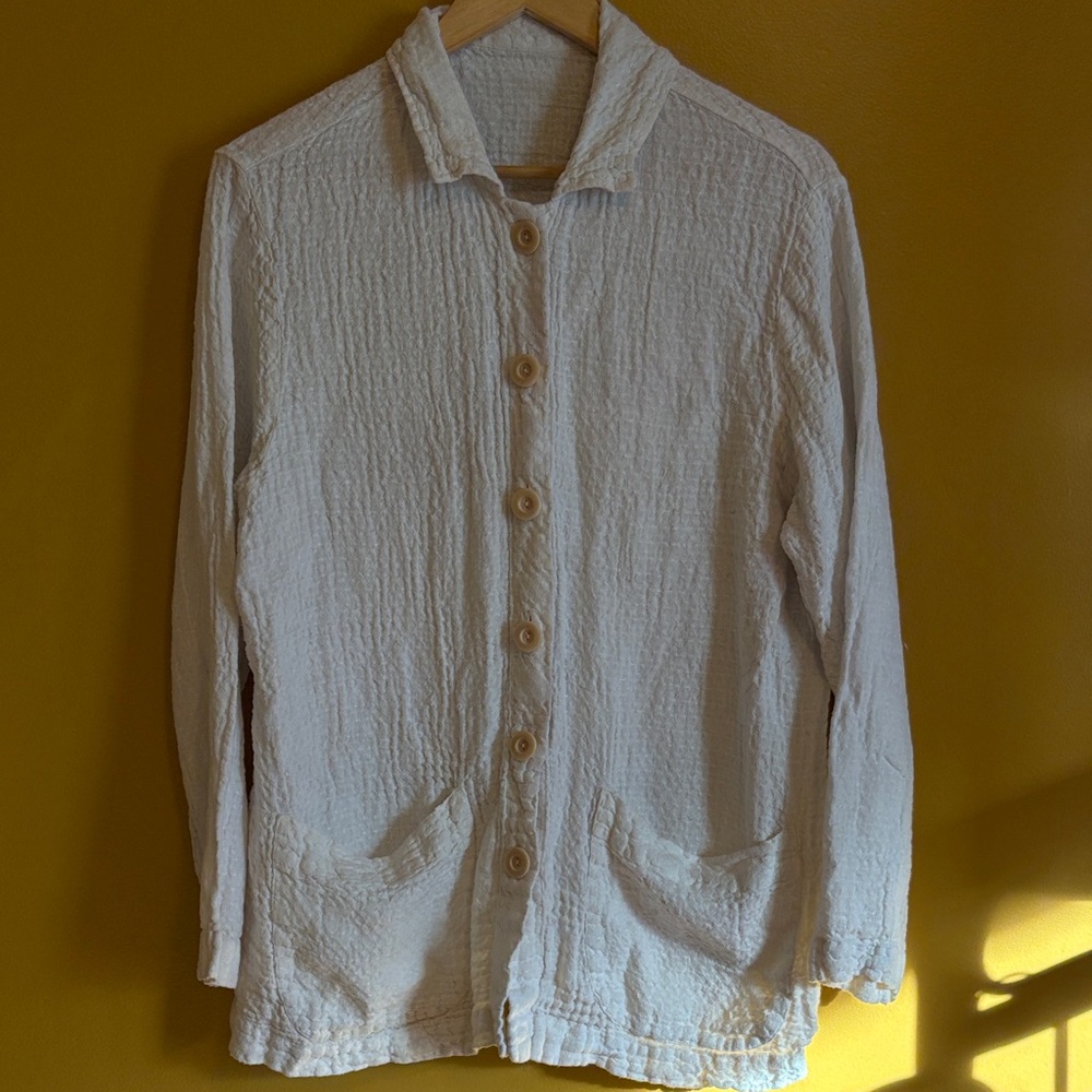 FLAX Linen White Waffle Textured Button Shirt